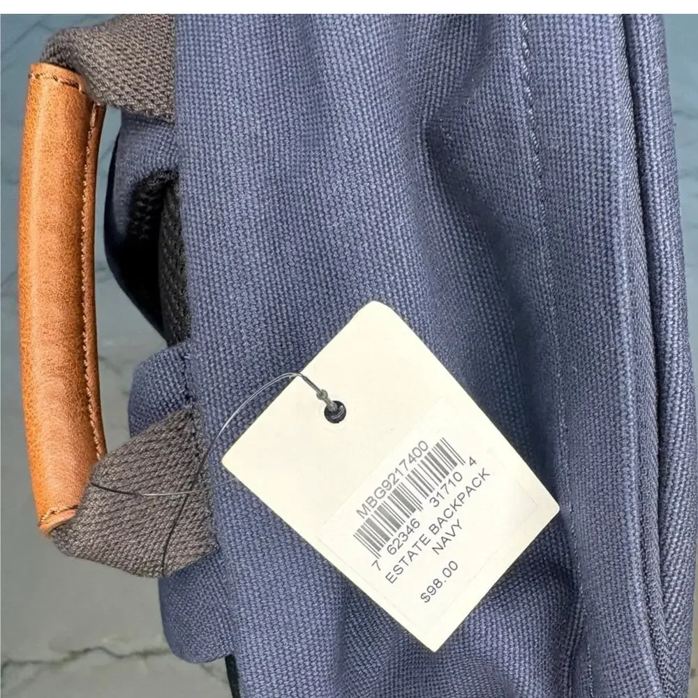 NWT Fossil Estate Navy Blue Canvas Brown Leather Classic Vintage Retro Backpack